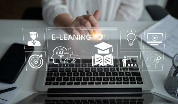Modern E-Learning Concept Depicting Digital Education Tools and Student Engagement with Technology in a Professional Workspace Environment. Bitwise.