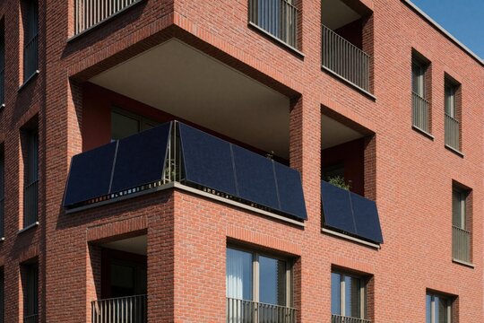 Modern apartment building with red brick facade features a balcony power plant. Solar panels installed on balcony railings generate clean energy for housing. Eco friendly urban living.