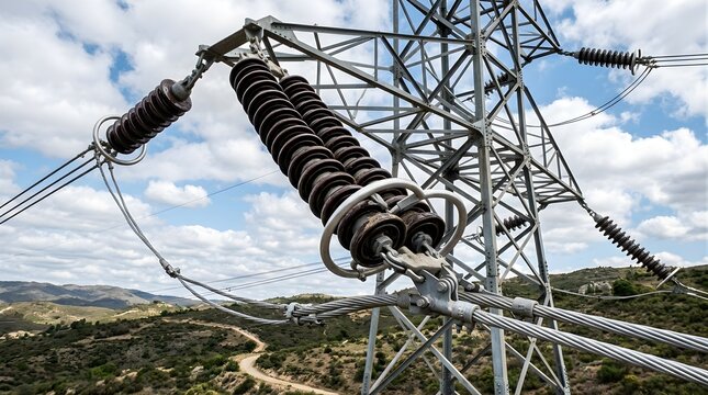 High voltage electrical transmission tower with ceramic insulators against sky
