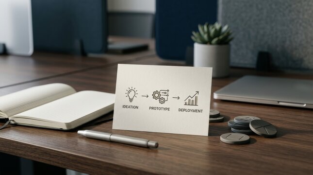 Process flowchart card with icons for ideation prototype and deployment on wooden office desk