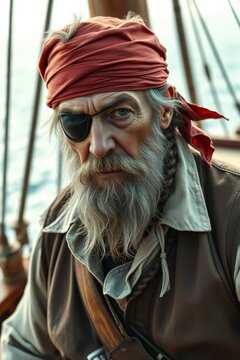 Portrait of Old Pirate Captain with Eye Patch and Red Bandana on Ship
