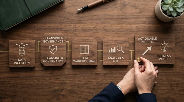 Corporate executive finger touching data processing blocks for business intelligence and value