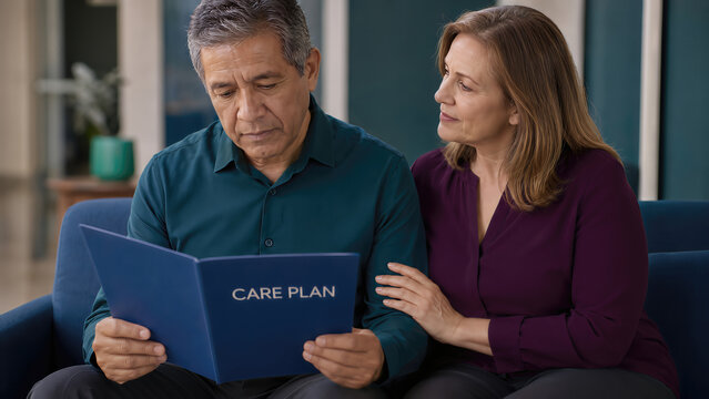 Man reviews prostate health care plan with supportive partner after medical consultation, discussing follow-up, screening and next steps during Movember mens health awareness.