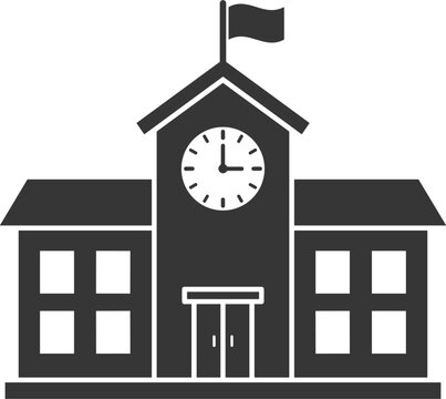 Black school building vector icon with a central clock tower and a flag on the roof top