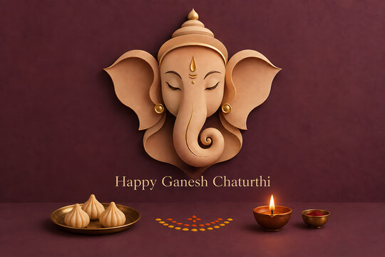 Minimal ganesha face wall art with modak diya and festive decor for ganesh chaturthi lord ganesha puja celebration traditional hindu festival greeting
