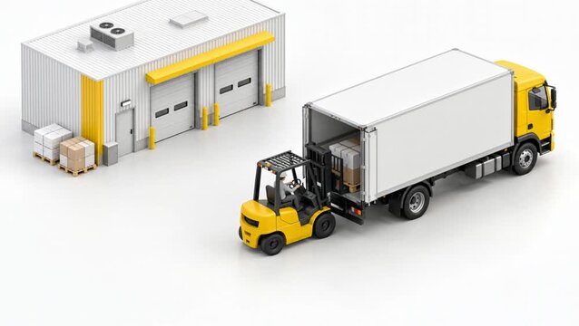 Forklift Loading a Pallet into a Delivery Truck at an Isometric Warehouse