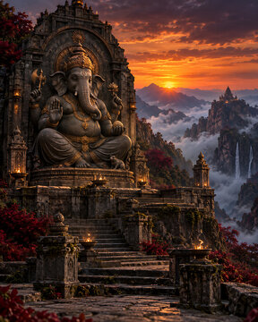 Grand ganesha temple statue overlooking misty mountains at sunset for ganesh chaturthi lord ganesha puja spiritual hindu pilgrimage festival scenic devotional background