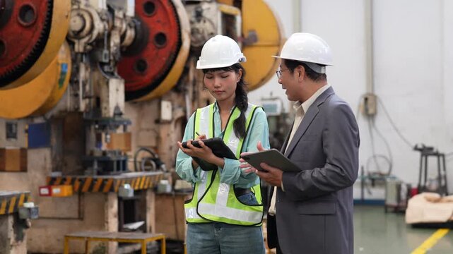 Industrial engineer supervisor conducting industrial inspection manufacturing factory, reviewing tablet with female worker beside heavy machinery, wearing safety helmet and reflective vest