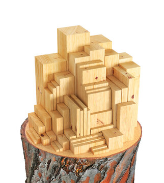 Wooden Blocks Construction on Tree Stump 3D Illustration