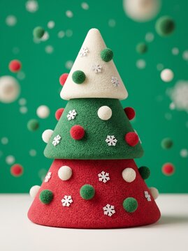 Minimalist stylized 3D Christmas tree with red green and white tiers