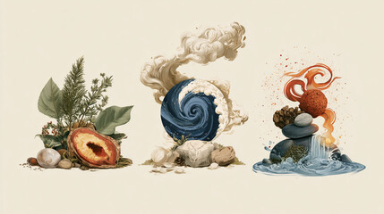 Fototapeta premium Three symbolic Ayurvedic doshas represented by natural elements, herbs, stones, and flowing water