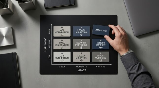A businessman's hand placing a data sync card on a high likelihood, critical impact matrix for risk assessment.