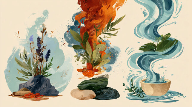 Three symbolic Ayurvedic doshas represented by natural elements, herbs, stones, and flowing water