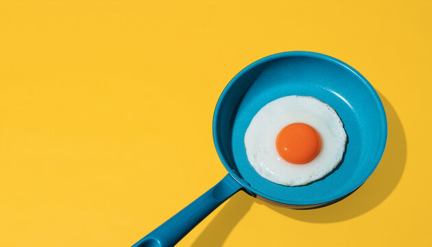 Fried egg in a blue frying pan on yellow background