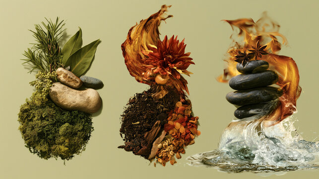 Three symbolic Ayurvedic doshas represented by natural elements, herbs, stones, and flowing water
