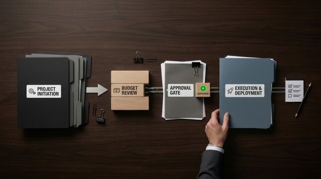 An overhead view of a project initiation workflow with budget review, approval gate, and execution deployment.