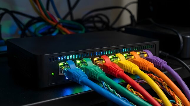 Network router with connected colorful ethernet cables in a server room