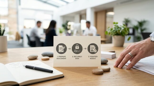 Digital document workflow for preparing signing and verifying results in an office setting.