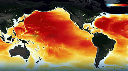 Obraz premium Global map shows Pacific ocean sea surface temperature anomaly. Red areas indicate extreme heat. This shows a super El Nino event affecting weather patterns worldwide.