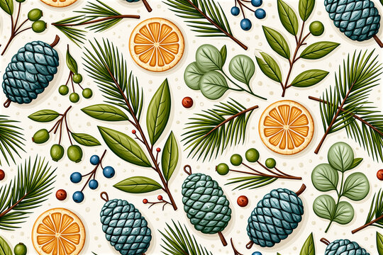 Seamless pattern with stylish eucalyptus cones and leaves.