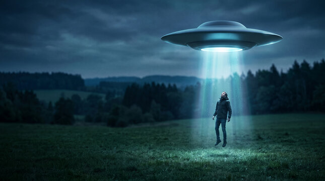 Man levitated into UFO beam of light in dark, rural field