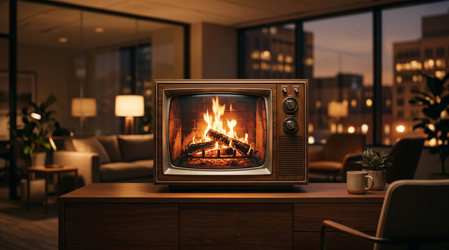 Vintage television displays warm fireplace scene in cozy living room