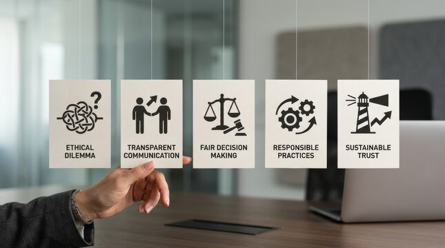 Business professional holding cards displaying ethical business values and sustainable practices symbols in office environment