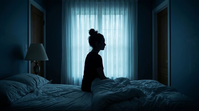 Silhouette of a lonely woman sitting on a bed in a dark room facing a window.