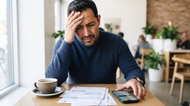 Stressed middle aged man reviewing bills and smartphone at bright cafe table with coffee, financial pressure and debt concept
