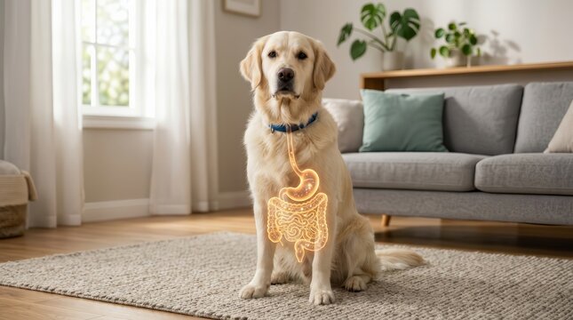 Golden retriever dog with a glowing digestive tract illustration showing gut health.