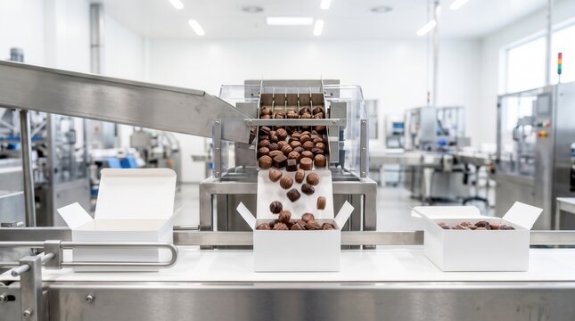 Automated chocolate packaging machine filling white boxes in bright modern food factory mass production concept