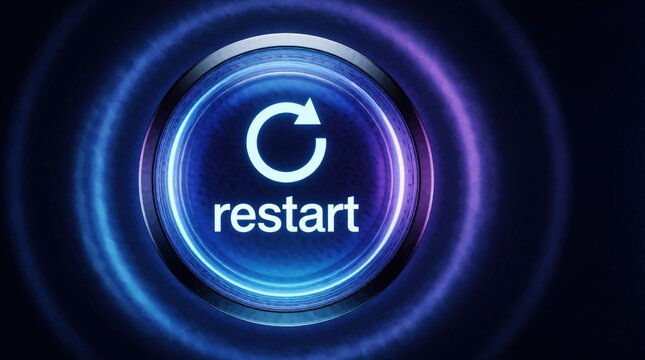Digital restart button glows with circular energy waves. Abstract interface symbol represents starting fresh, system reboot, or new beginnings. Modern tech graphic for resets and innovation themes.