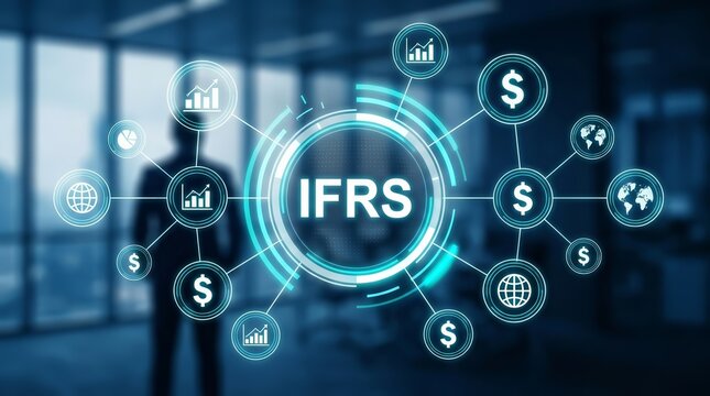 IFRS International Financial Reporting Standards regulation instrument concept in a modern office.