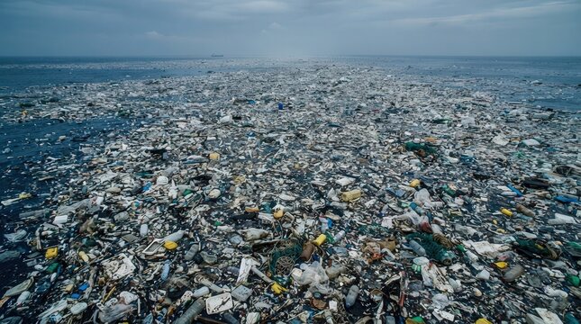 Ocean garbage patch with plastic pollution destroying marine life.