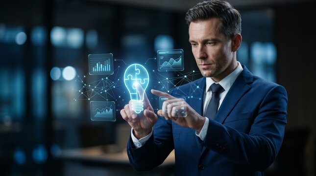 Businessman interacting with digital business solutions for networking and system integration.