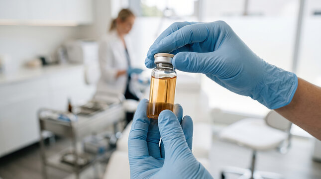 Person in blue gloves holding vial with hair growth solution, representing medical treatment, aesthetic dermatology, and innovative healthcare research in a clinical setting