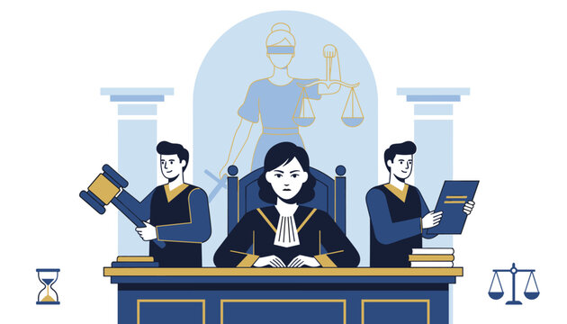 Courtroom scene with a female judge and two assistants presiding over a trial under the silhouette of Lady Justice.