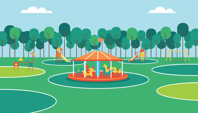 Empty children playground with safety distance circles drawn around carousel and slides for social distancing.