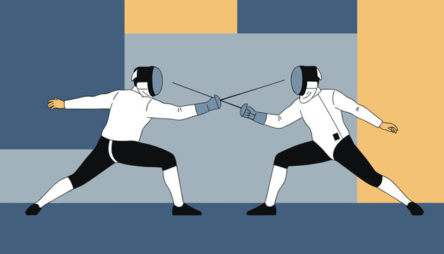 Two professional fencers in white protective gear engaged in a fencing bout with foils on abstract background.
