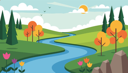 Obraz premium Beautiful nature landscape with a blue river winding through green fields, pine trees, and colorful autumn foliage.