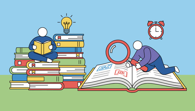 Tiny stick figures reading and searching information in large books with magnifying glass and lightbulb ideas.