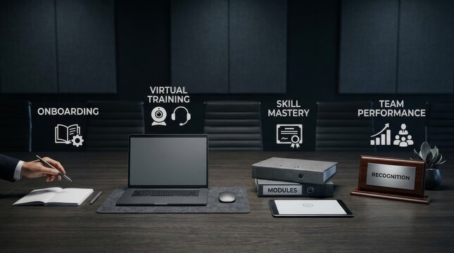 Corporate training and virtual development program setup on dark office boardroom desk with laptop and modules