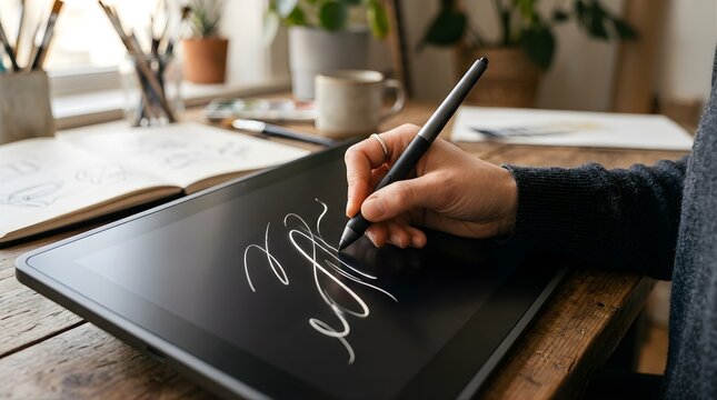 Artist drawing digital calligraphy on a graphic tablet in a home studio