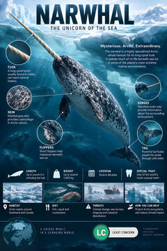 Narwhal wildlife infographic featuring a realistic Arctic whale with spiral tusk beneath sea ice, detailed anatomy callouts, conservation facts, habitat, diet and threats.
