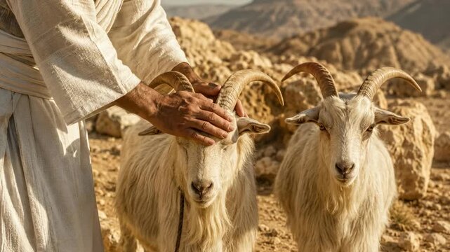  Biblical concept of the scapegoat, ancient high priest laying hands on a goat's head in the desert, ritual of Azazel and Day of Atonement during Yom Kippur
