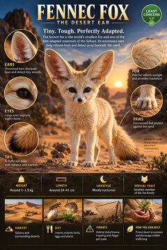 Premium fennec fox wildlife infographic featuring the Sahara desert mammal, distinctive oversized ears, survival adaptations, habitat, diet, threats and conservation facts.