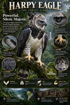 Harpy eagle wildlife infographic in tropical rainforest, showcasing powerful talons, keen eyes, dramatic crest, wingspan, habitat, threats and conservation facts.
