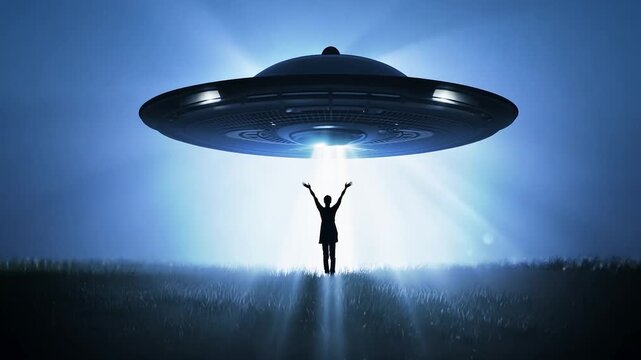 Enigmatic ufo hovers above person reaching up in the dark