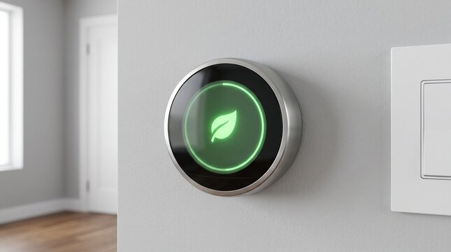 Smart home control panel showing green leaf icon for eco friendly energy saving