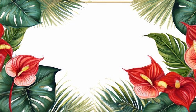 tropical antherium flowers and palm leaves border frame isolated on white background with anthurium